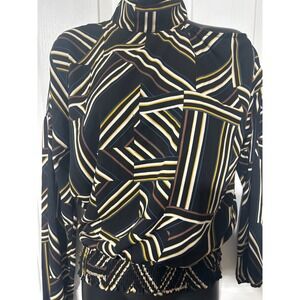 Allison Joy Blouse Small Black Geometric Print Long Sleeve Mock Neck Top‎ S